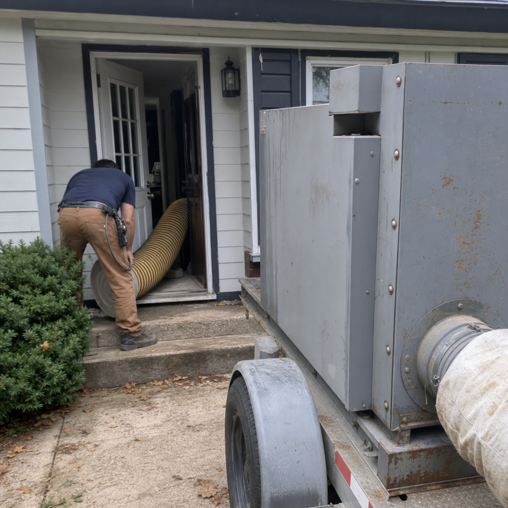 Technician using professional air duct cleaning equipment at a residence