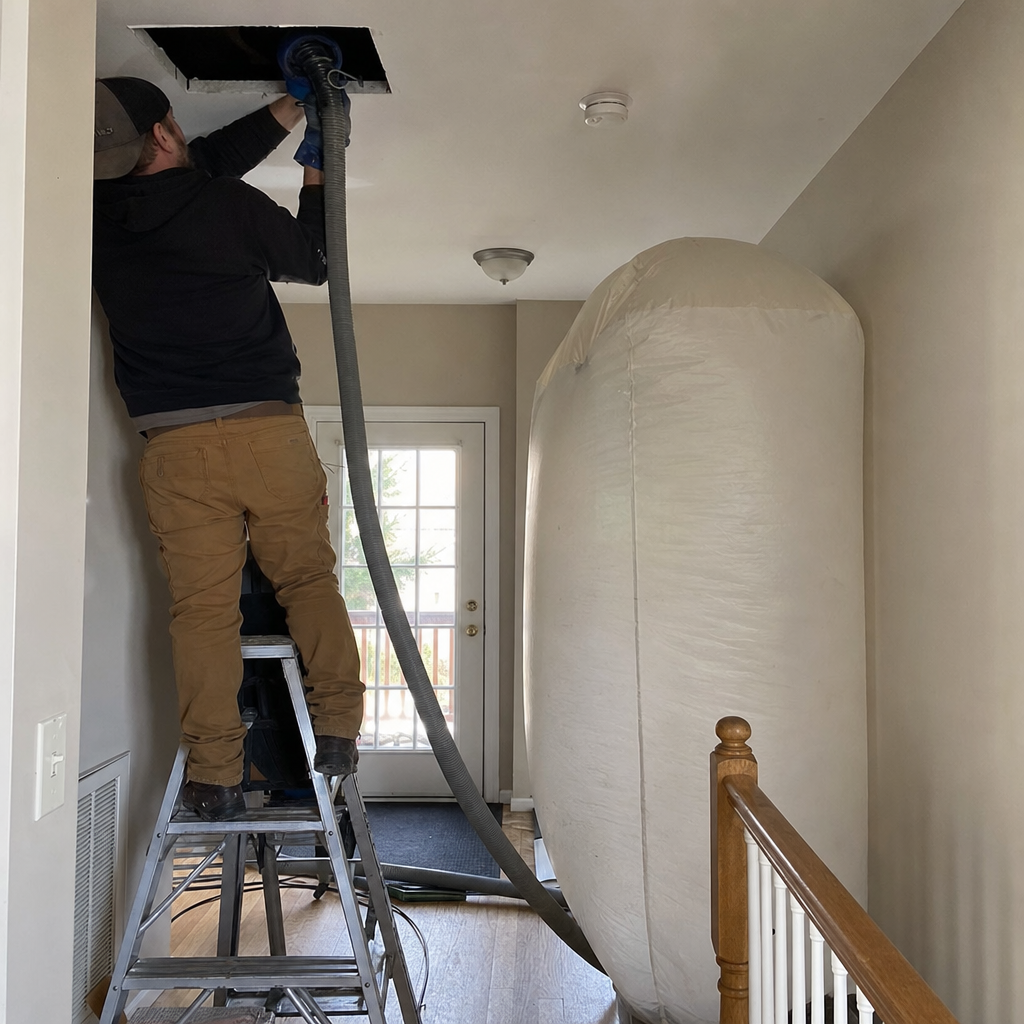 Technician using vacuum hose for professional residential air duct cleaning service