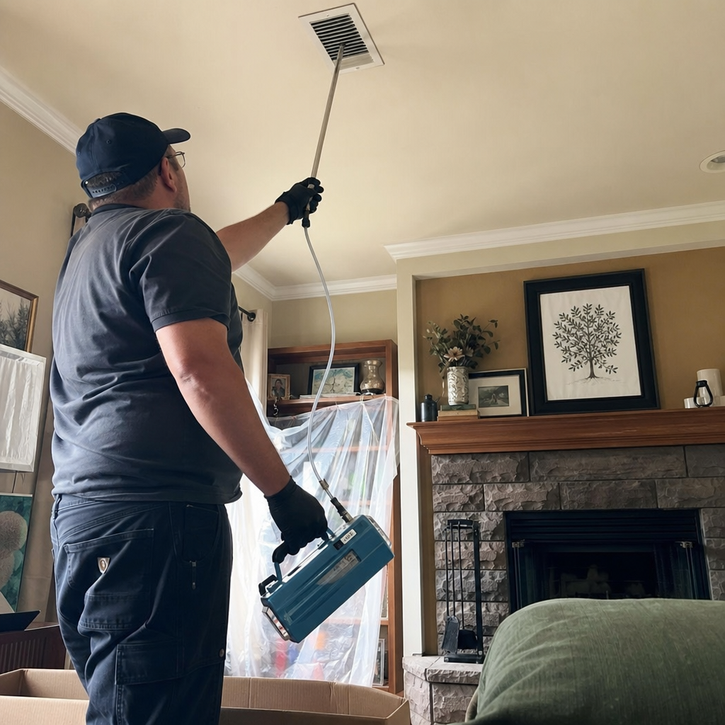 Technician performing professional residential air duct sanitizing and cleaning
