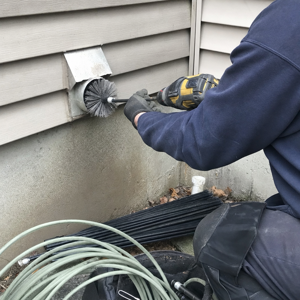 Technician using rotary drill brush for professional residential dryer vent cleaning
