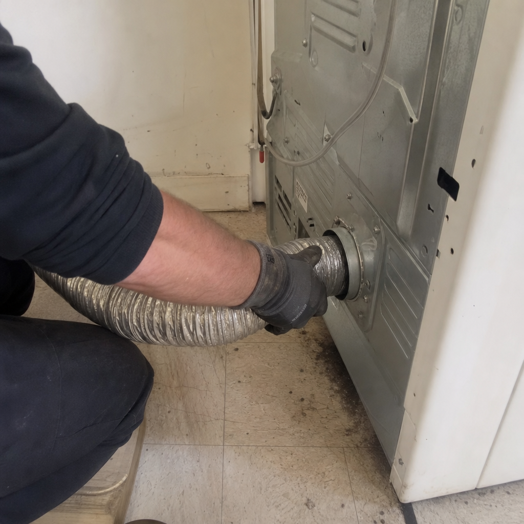 Technician attaching a silver flexible hose to a dryer vent