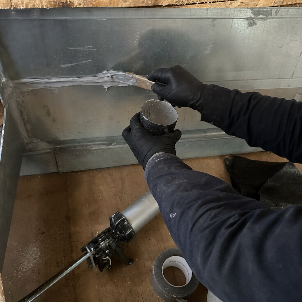 HVAC technician applying mastic sealant to metal air duct joints