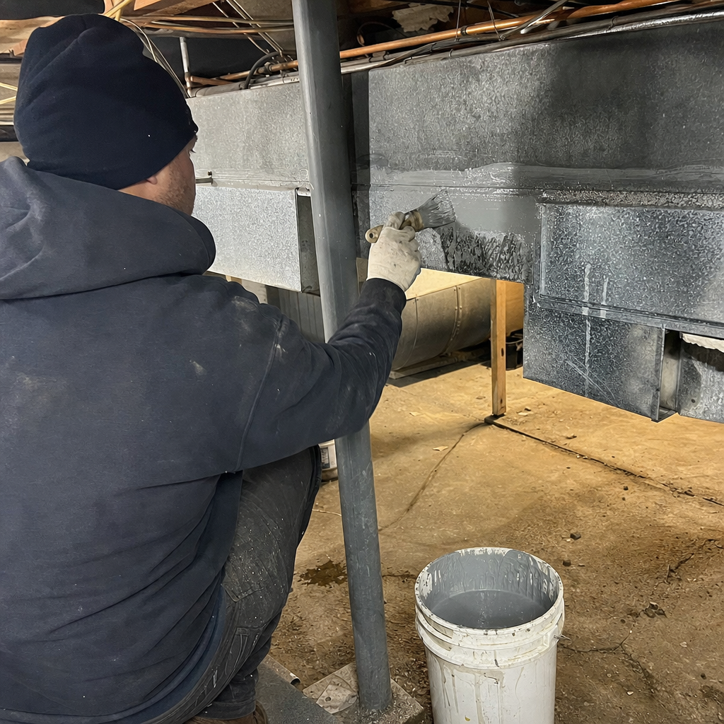Technician applying professional air duct mastic sealant to metal HVAC ductwork