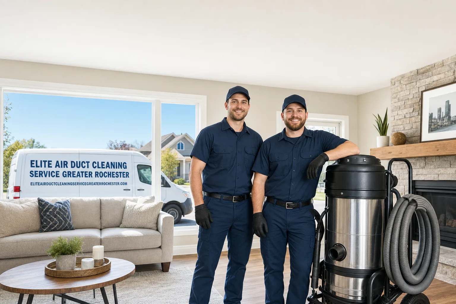 Elite Air Duct Cleaning Service Greater Rochester service vehicle and crew in Rochester, NY