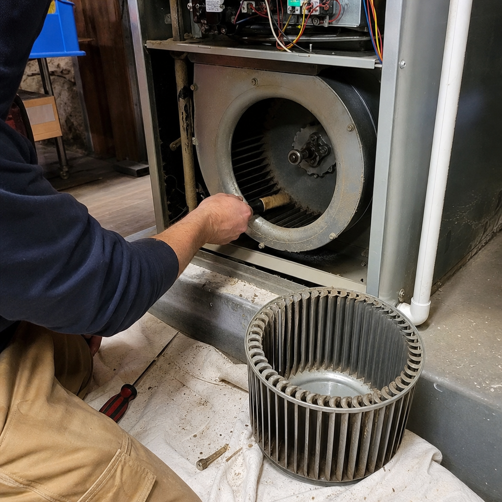 Technician performing professional HVAC furnace blower fan cleaning and maintenance