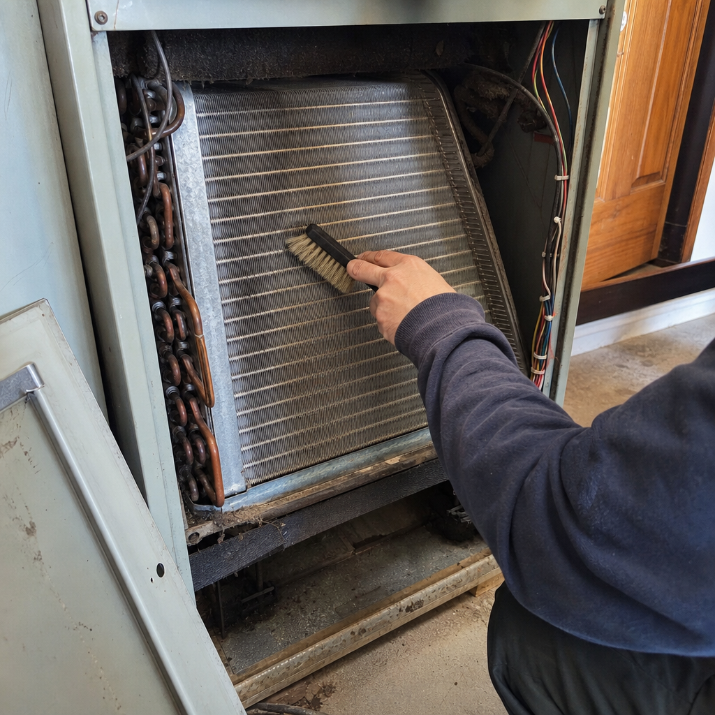 Technician performing professional HVAC coil cleaning and maintenance